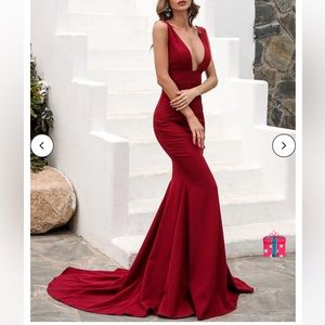 Double Deep V-neck Hem Red Maxi Knit Prom Dress